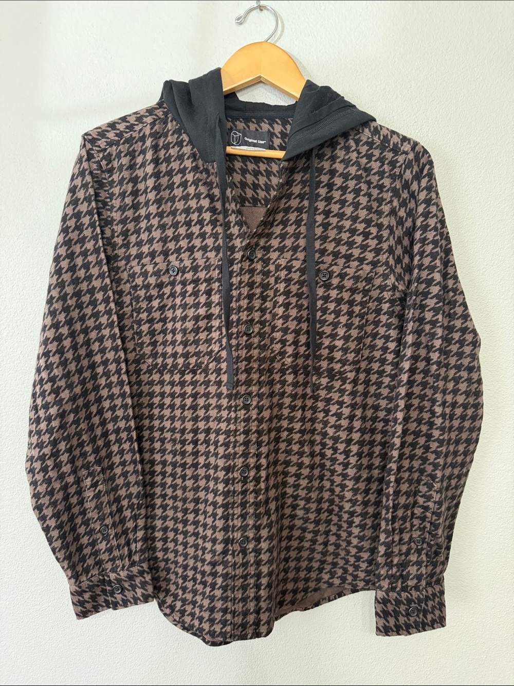 Men's Brown Houndstooth Hooded Shirt Jacket Button Up Small